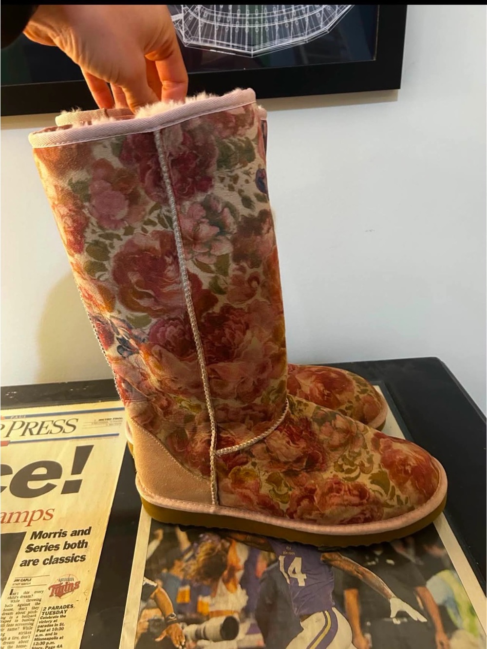 UGG Floral Velvet Shearling Boots - Pink, Green, Brown